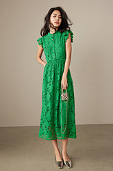 Green High Neck Lace Midi Boho Casual Summer Holiday Dress